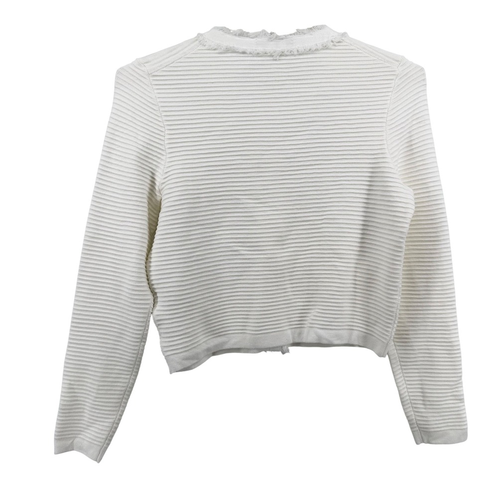 NWT Emerson Lang Womens Cream Ribbed Fringed Trim Button Front Cardigan Size S - Picture 2 of 10